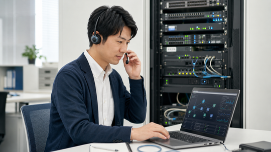 ヘッドセットを着けてネットワーク機器の管理画面を確認しながら電話で応対する担当者