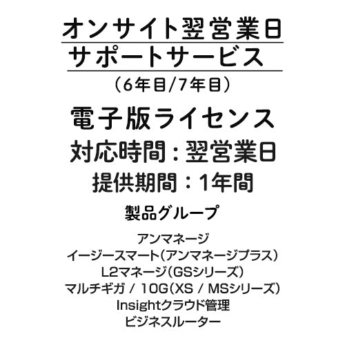 オンサイト翌営業日サポートサービス 電子版ライセンス アンマネージ /イージースマート（アンマネージプラス）/ L2マネージ（GSシリーズ）/ マルチギガ / 10G（XS / MSシリーズ）/ Insightクラウド管理 /ビジネスルーター 6年目/7年目 1年間