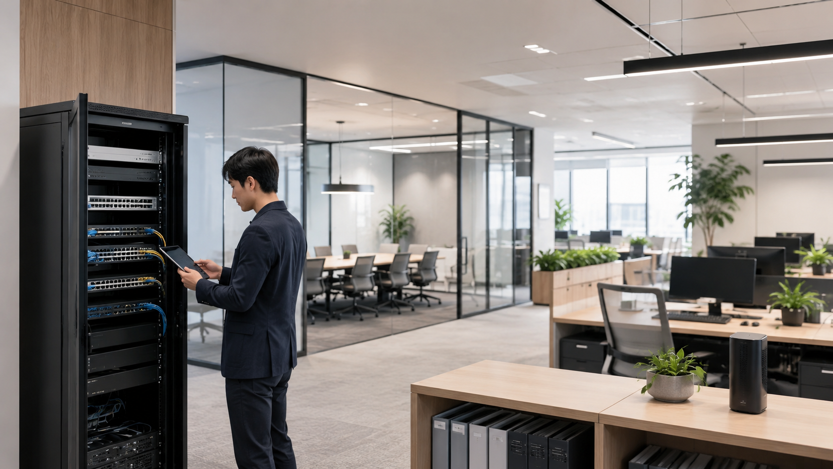 オフィスのネットワークラックを確認する担当者