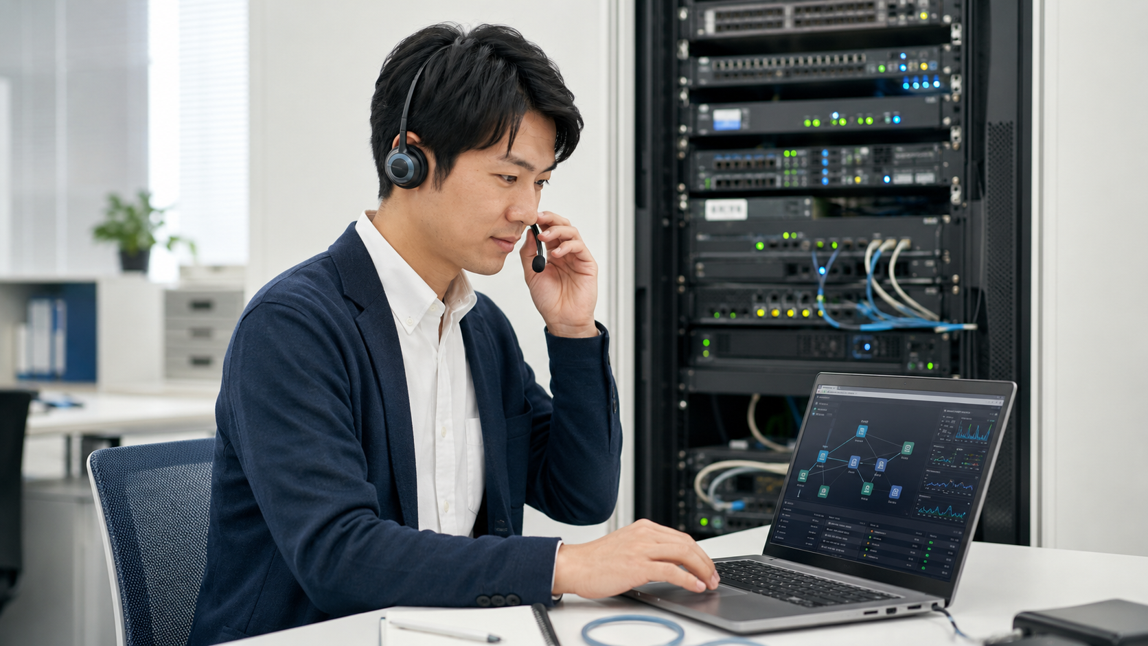 ヘッドセットを着けてネットワーク機器の管理画面を確認しながら電話で応対する担当者