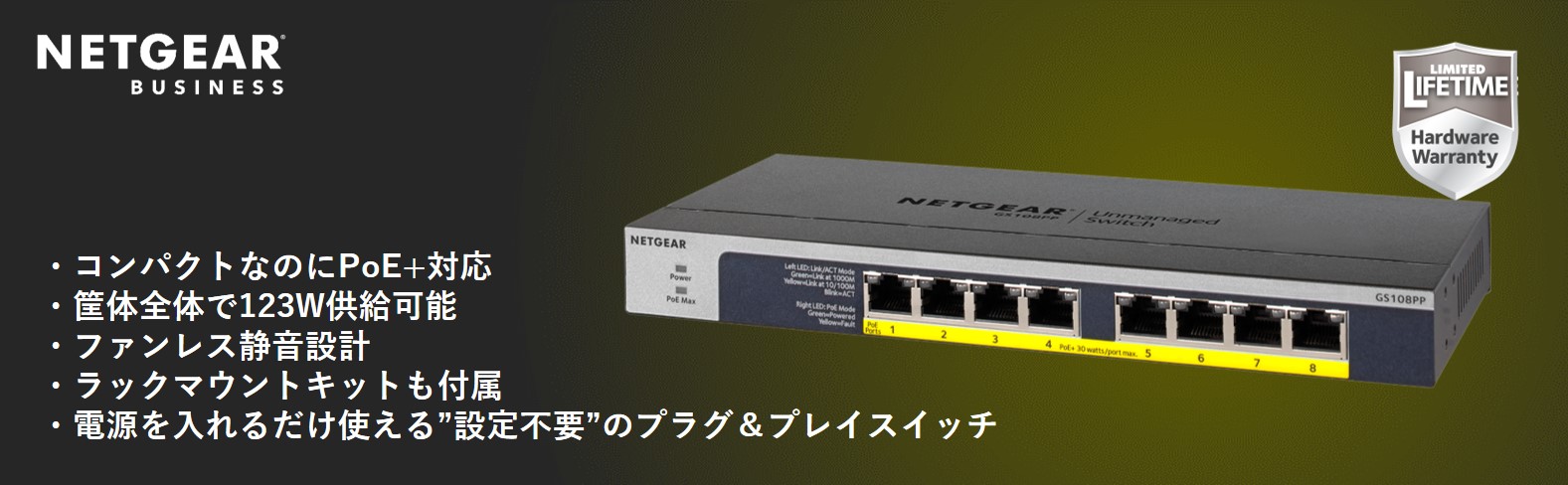 GS108PP｜GS108PP-100AJS｜8PT POE/POE+ GIGABIT UNMANAGED SWCH